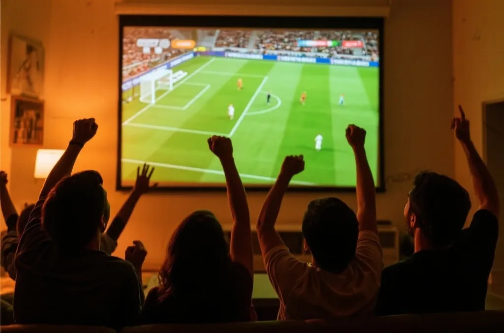大屏幕电视上播放足球比赛，观众激动欢呼，室内暖色调