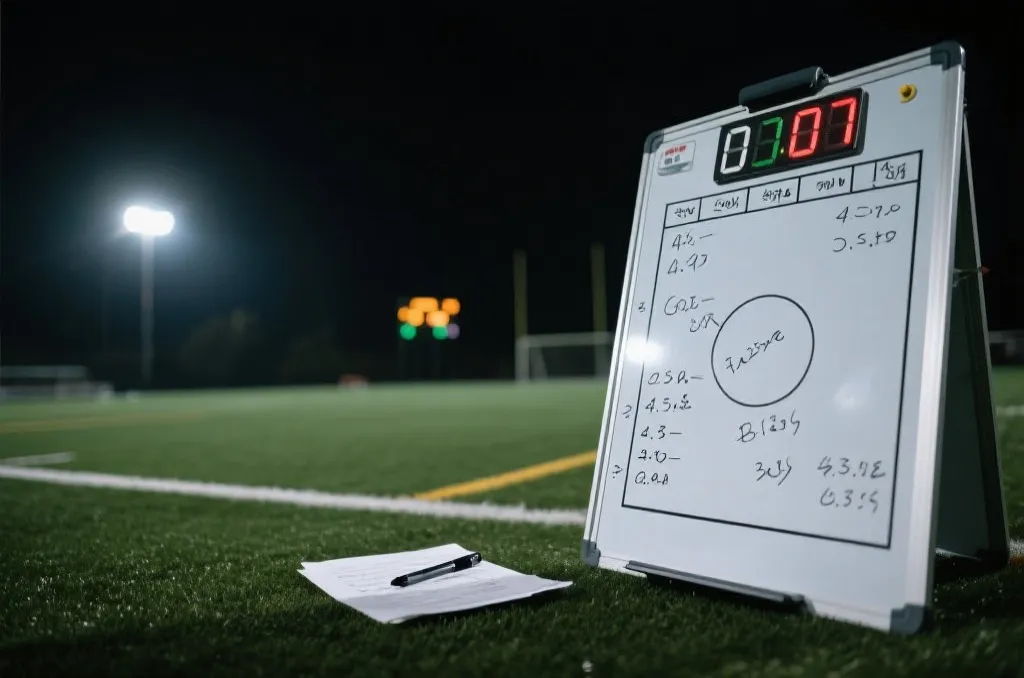 夜晚球场灯光下的战术板与比分记录，体现淘汰赛阶段的细节决胜